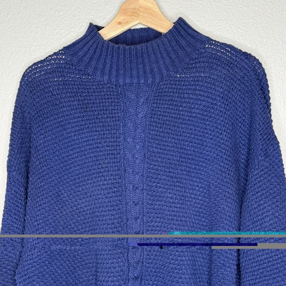 VTG GAP Navy Blue Chunky Knit‎ Mock Neck Cable Sweater L 90s Fisherman Old Money